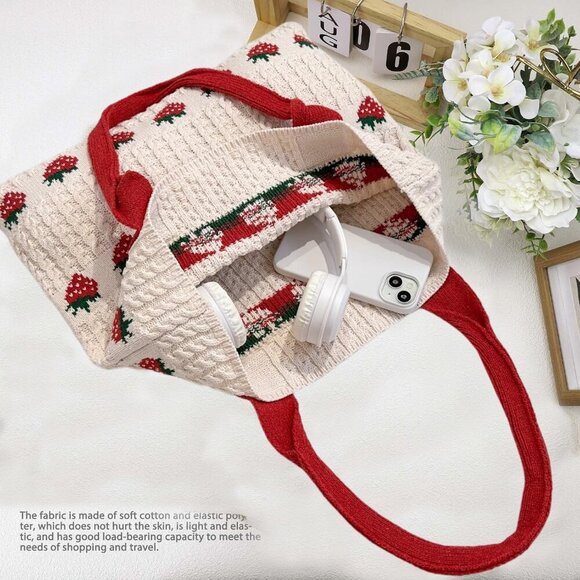 Cute Strawberry Pattern Tote Bag Crochet Tote Bag Shoulder Bag Handbags Knitting - Picture 4 of 6
